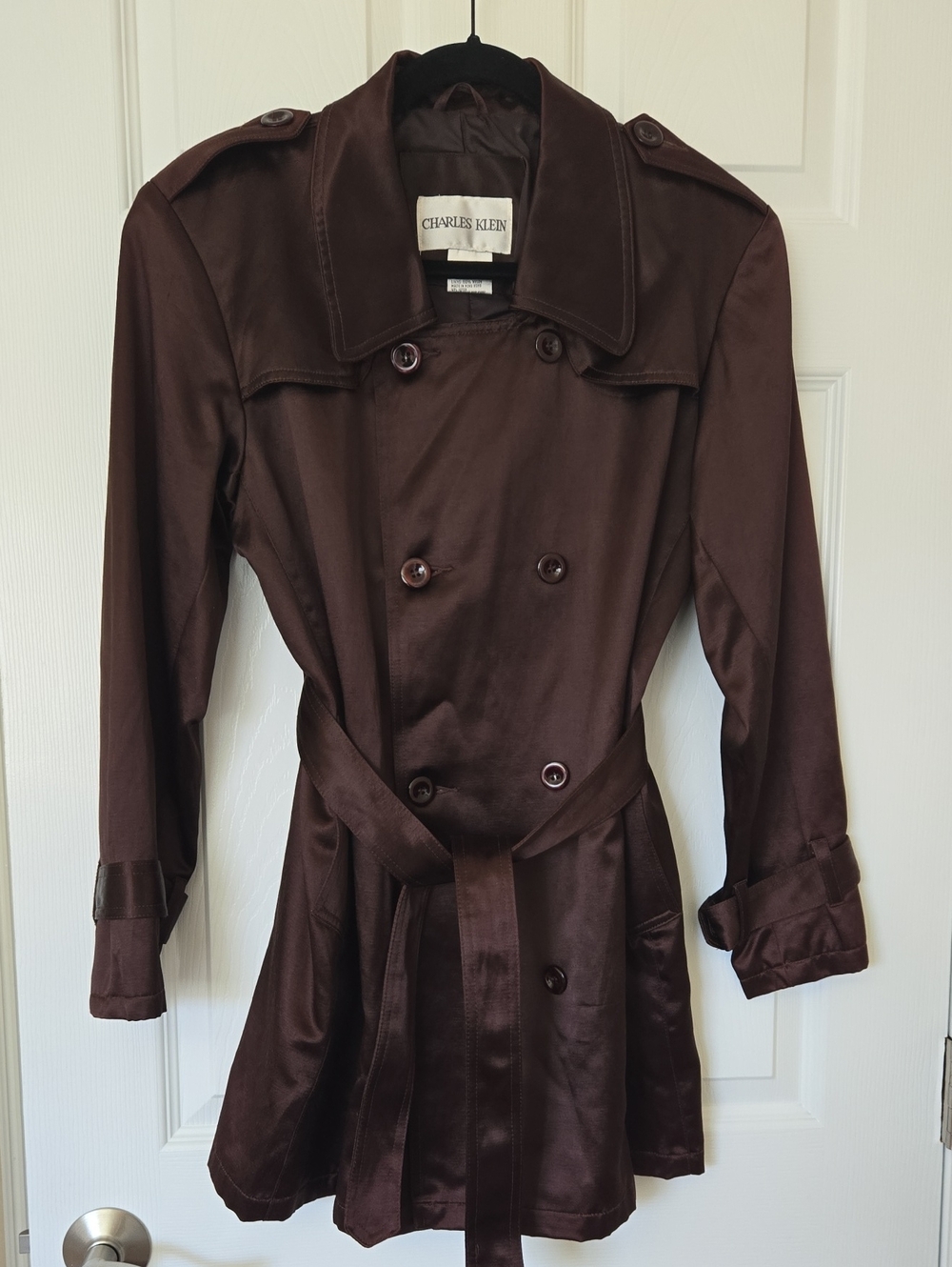 Charles Klein Women's Chocolate Brown Satin Double Breasted Jacket with Belt  XS